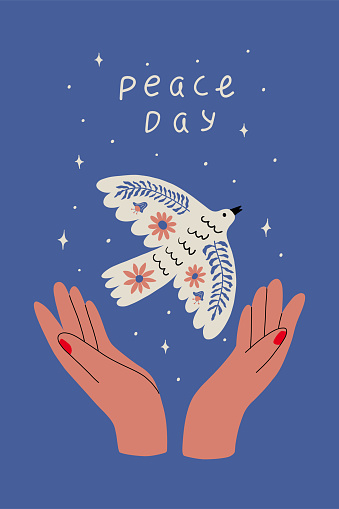 Beautiful card with hands and dove of peace. World Peace. Vector illustration. Elements for print, clothing, poster, flyer and other.
