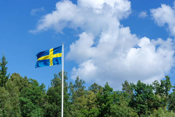 Low angle view of flag against blue sky