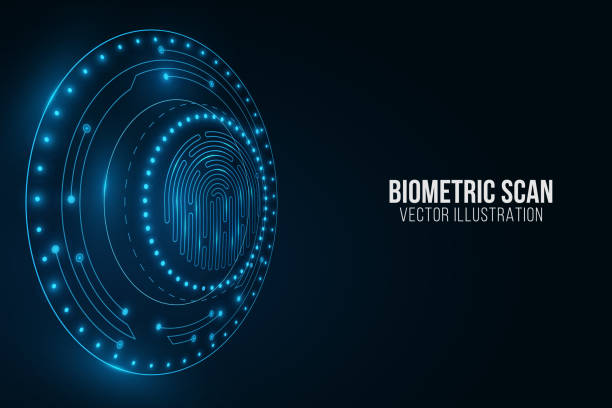 ilustrações de stock, clip art, desenhos animados e ícones de biometric verification. glowing hud with fingerprint for design user interface. storage of network user data. ui and ux design. vector illustration - biometrics control panel touching fingerprint