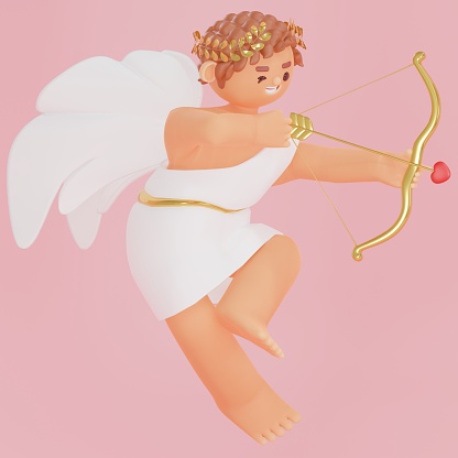 Cute Cupid with bow and arrow. 3D illustration.