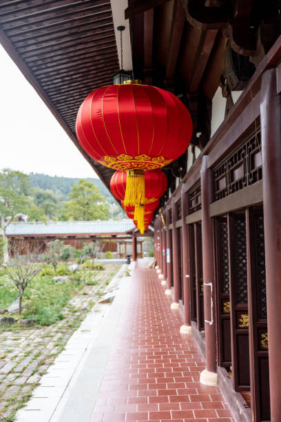 istock Red lanterns hanging in the temple 1457250468