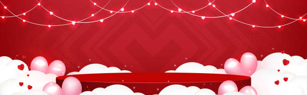 ilustrações de stock, clip art, desenhos animados e ícones de empty red podium for product display with lights decorative, clouds, and pink hearts balloons on red background. valentine's day background. romantic love. product stage shows. vector illustration. - model home house balloon sign