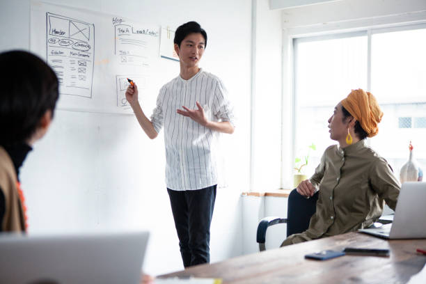 istock Young man giving a presentation at stylish office 1457254072