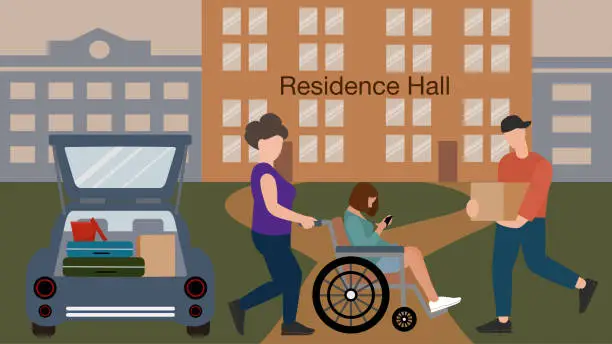 Vector illustration of Student in wheelchair moves into residence hall