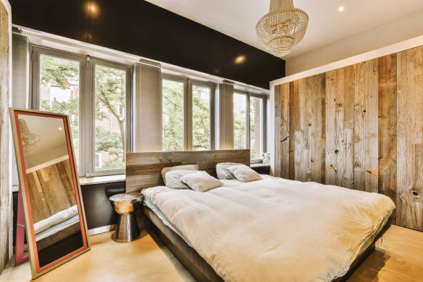 istock Light bedroom with wooden wardrobe 1457257563