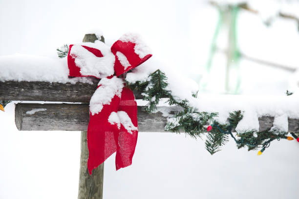 istock Red Christmas bow oiutdoors 1457263766