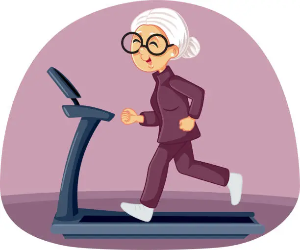 Vector illustration of Elderly Woman Training on a Treadmill Vector Cartoon Illustration