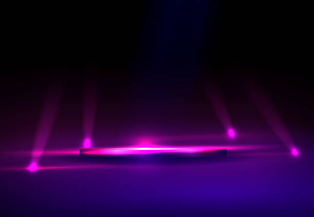 istock Dark blue illustration with a round podium and dim rays of light 1457269758
