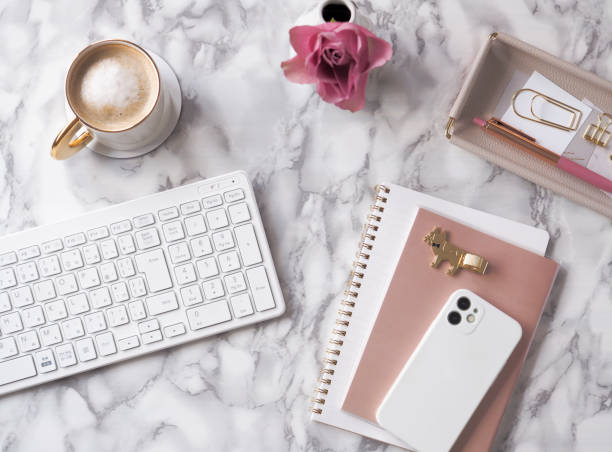 istock Feminine workspace with marble desk 1457271454