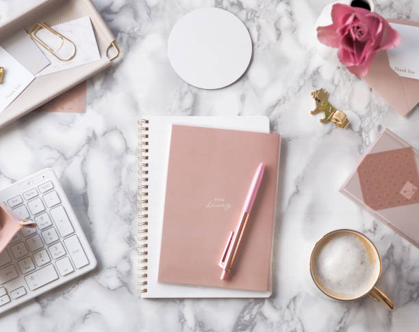 istock Feminine workspace with marble desk 1457271456