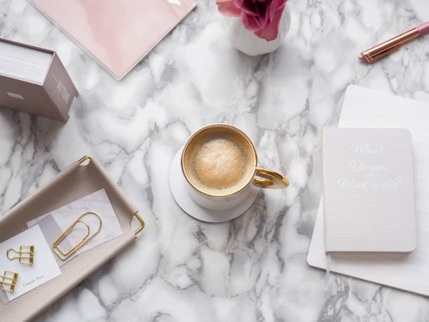 istock Feminine workspace with marble desk 1457271459