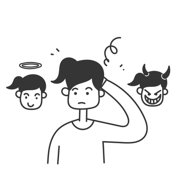 ręcznie rysowana osoba doodle zdezorientowana, aby wybrać między dobrymi aniołami a złymi demonami ilustracja - expressing positivity devil angel moral dilemma stock illustrations