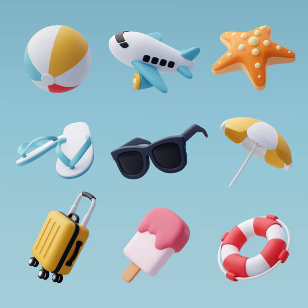 ilustraciones, imágenes clip art, dibujos animados e iconos de stock de conjunto vectorial 3d de playa y mar, summer journey, time to travel concept. - grupo de objetos