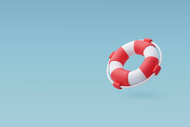 illustrazioni stock, clip art, cartoni animati e icone di tendenza di 3d vector red and white life rescue, salvagente. viaggio estivo, concetto di tempo di viaggio. - boa attrezzatura di sicurezza nautica