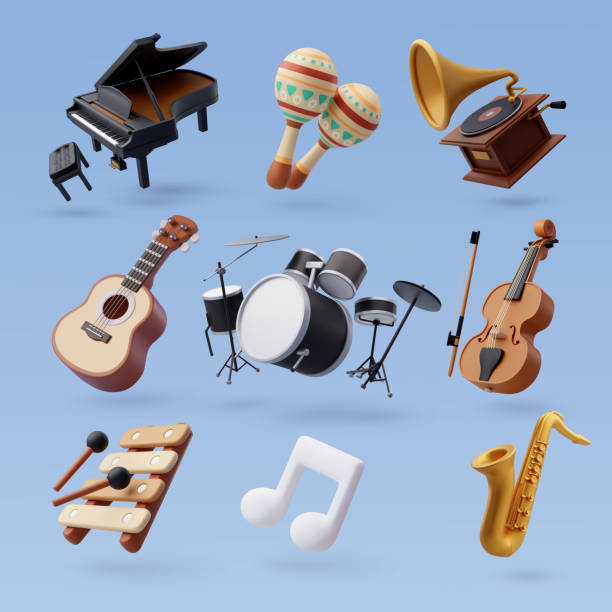 ilustrações, clipart, desenhos animados e ícones de conjunto de ícones 3d de instrumento musical, conceito musical e recreativo. - instrumento baixo