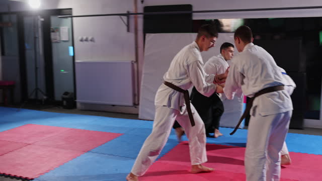 A group of fighters performs Riote dori shiho nage - throwing in 4 directions