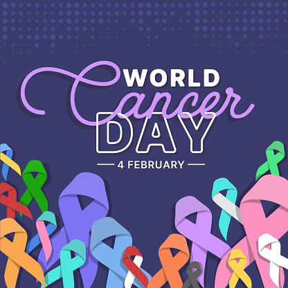World cancer day text and set of ribbons of different colors against cancer on dark purple background vector design