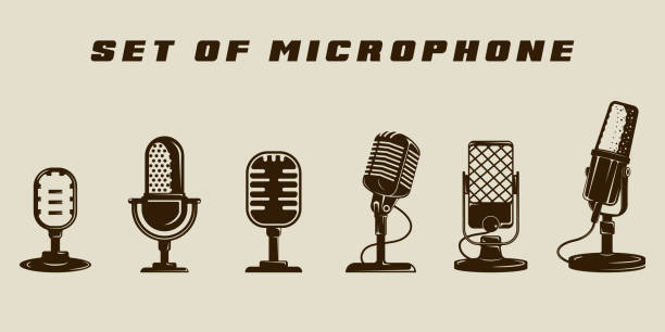 ilustraciones, imágenes clip art, dibujos animados e iconos de stock de conjunto de imágenes vectoriales de iconos de micrófono aislados diseño de icono gráfico. colección de paquetes de varios signos o símbolos de podcast para negocios de transmisión o radio - micrófono