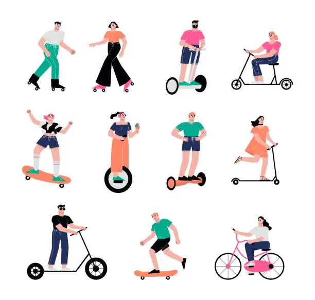 Vector illustration of Flat cartoon people ride scooter and bicycle, skateboard and rollers. Summer outdoor walking characters, young man and woman vector set