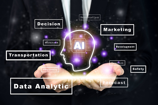 Concept of artificial intelligence or AI in a business. Unrecognizable businessman using AI or machine learning for business analyzing and making a decision.