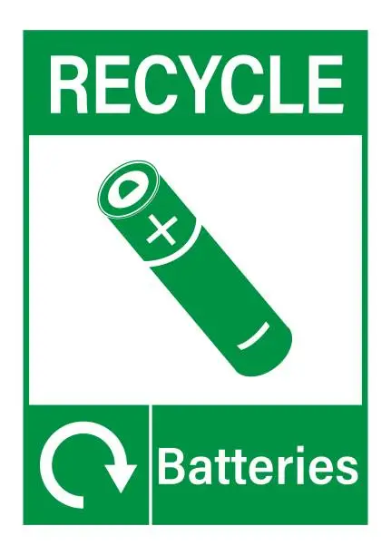 Vector illustration of Recycle sign for used batteries with symbol and text.