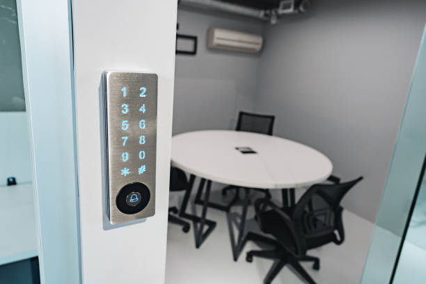 istock Electronic digital door lock on white office wall 1457294194