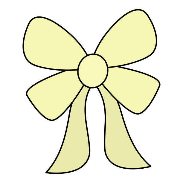 Yellow bow in cartoon style. Decoration for a gift, surprise. The ribbon is beautifully tied. knot. The bow is yellow. Decoration for gift, surprise, bouquet with ribbons. The ribbon is beautifully tied. knot. Color vector illustration. Cartoon style. Romantic print. Isolated background. Idea for web design, banner, invitation, postcard. rope tied knot string knotted wood stock illustrations