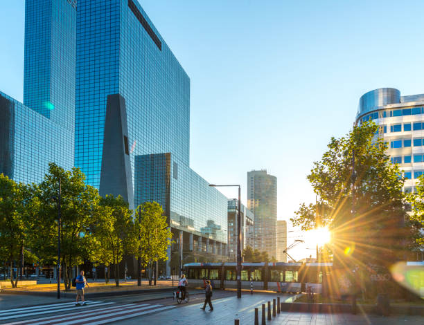 Sunrise in Rotterdam, Weena. stock photo