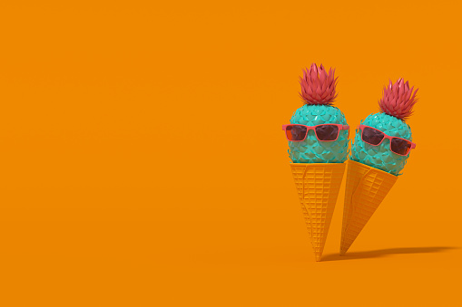 3d rendering of pineapple with sunglasses on ice cream cone. minimal design, tropical climate. Summer travel concept.