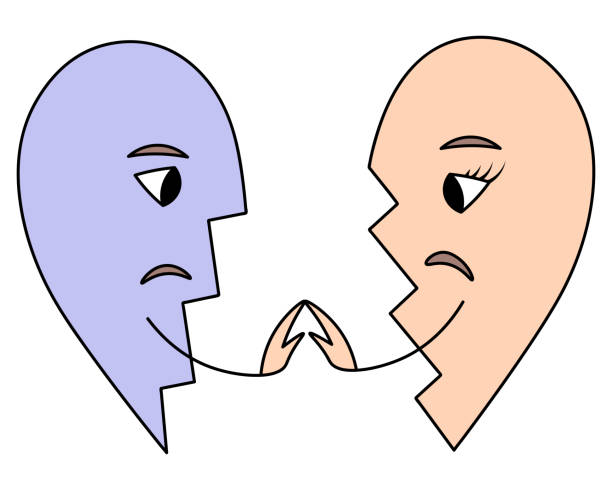 istock Two halves of a broken heart in cartoon style. Touch with hands. Sadness in the eyes. Broken love. 1457297617