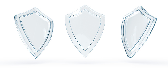 Glass safety shield icon set 3d render. Mockup of blank transparent blue acrylic glass panel, award trophy or certificate template isolated on white background, front and side view, 3D illustration