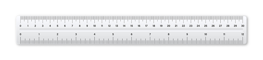 Realistic plastic ruler with measurement scale and divisions, measure marks. School ruler, centimeter and inch scale for length measuring. Office supplies. Vector illustration.