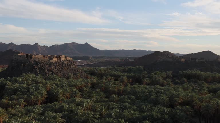 Views across the Khaybar heritage village and oasis in north west Saudi Arabia