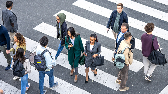 Crowd of people walking across zebra, top view