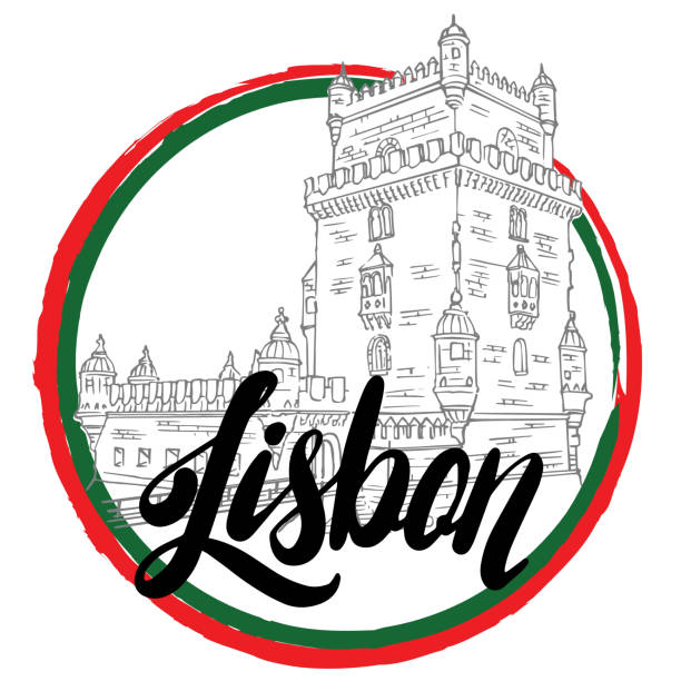 ilustrações de stock, clip art, desenhos animados e ícones de emblem of lisbon, portugal, belem tower, lettering, travel invitation - lisbon square landscape