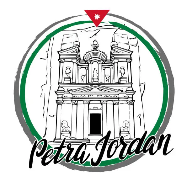 Vector illustration of Emblem Petra Jordan, Historical and cultural monument, Emblem Jordan, lettering, travel invitation