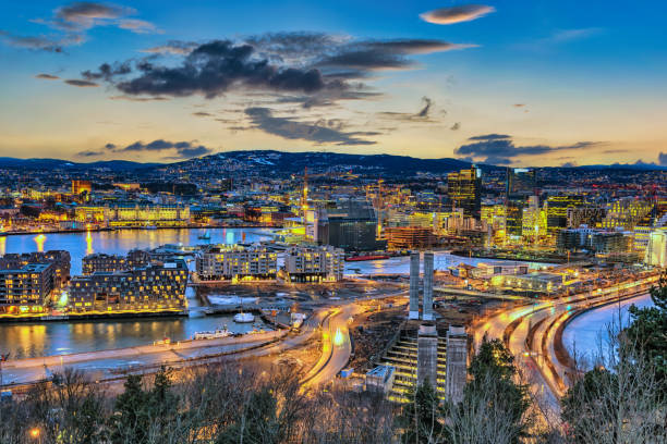 istock Oslo Norway, night city skyline at business district and Barcode Project 1457304981