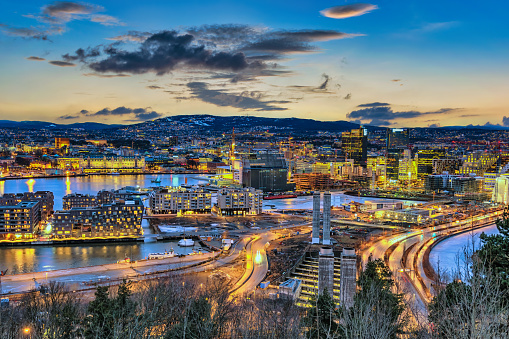 Oslo Norway, night city skyline at business district and Barcode Project