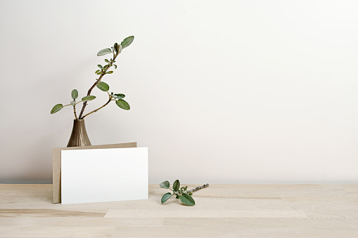 Mock-up of a blank invitation or greeting card in white and natural leaning on a brown vase with few sage branches on a wooden table against a pale beige wall, color styled, copy space, selected focus