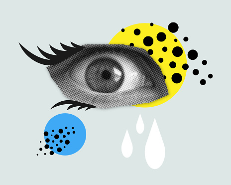 Collage eye in halftone with tears and geometric shape dots. High quality photo