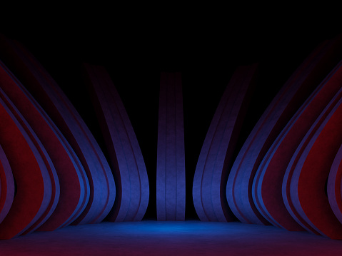 Abstract modern loft style colorful smooth curve structure background 3d render there are concrete material decorate with red and blue light And there is a dark part that makes it look mysterious.