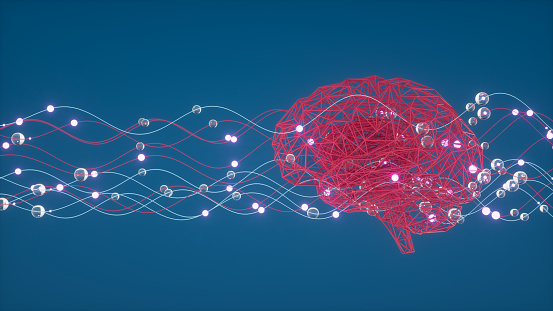 3d rendering of brain with wires. Artificial intelligence, machine learning concept with brain. Neon lighting.