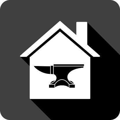 Vector illustration of a house with anvil icon against a black background in flat style.