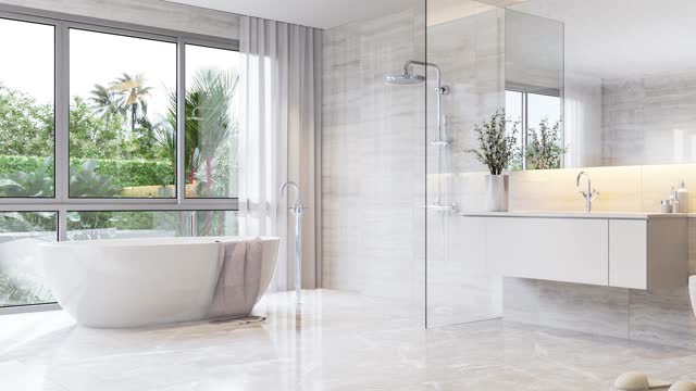 Animation of Modern luxury white bathroom with garden view 3d render
