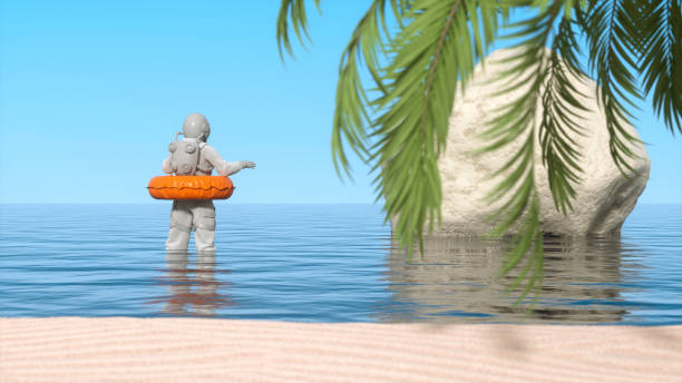 istock Astronaut with swim ring on beach, summer and travel concept 1457311995