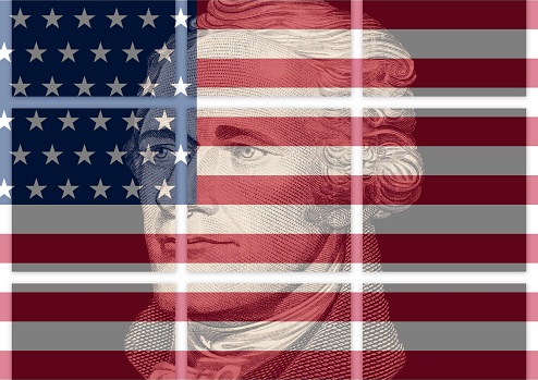 Portrait of U.S. president Alexander Hamilton with USA flag