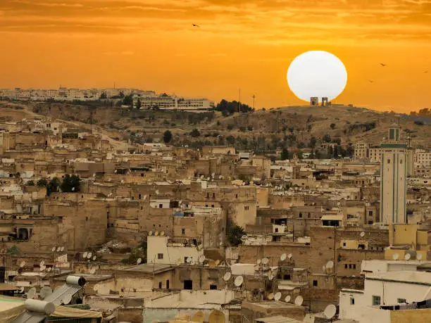 Aerial view of the Fez el Bali medina. Panorama cityscape of the oldest walled part of Fez, Morocco. sunset view