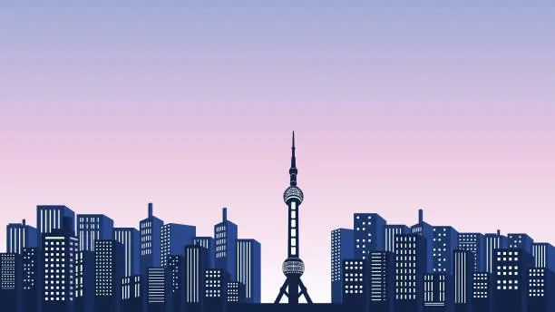 Vector illustration of Twilight atmosphere in the city with lots of tall buildings and oriental pearls