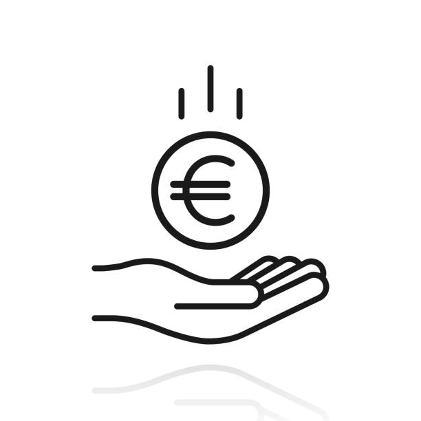 手に落ちるユーロ硬貨。白い背景に反射するアイコン - euro symbol点のイラスト素材／クリップアート素材／マンガ素材／アイコン素材