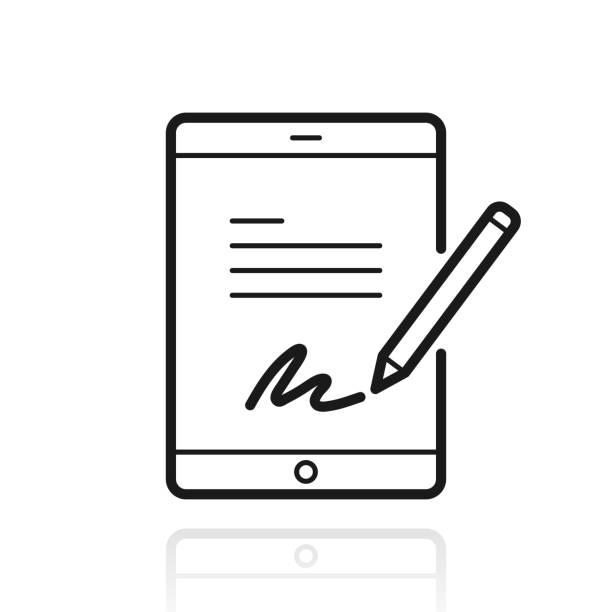 электронная подпись на планшетном пк. иконка с отражением на белом фоне - signature electrical equipment signing pen stock illustrations
